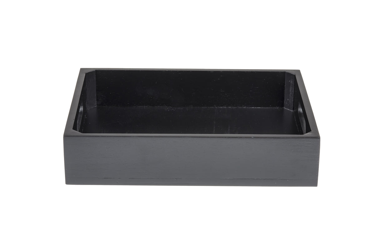 A rectangular black wooden box with smooth surfaces and slightly rounded edges, this Half Size Display Crate offers a simple design and open top—ideal as a Wood Serving Crate for stylish food presentation against a white background.