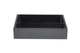 A rectangular black wooden box with smooth surfaces and slightly rounded edges, this Half Size Display Crate offers a simple design and open top—ideal as a Wood Serving Crate for stylish food presentation against a white background.