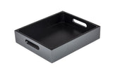Rectangular, black Wood Serving Crate with high sides and two oval cutout handles on opposite ends, shown empty against a white background.