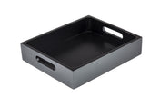 Rectangular, black Wood Serving Crate with high sides and two oval cutout handles on opposite ends, shown empty against a white background.