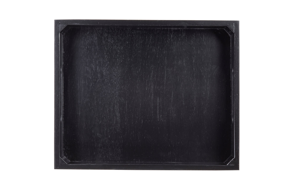 A square, shallow black Wood Serving Crate with slightly raised edges and angled corners, photographed from above against a white background. The tray’s surface appears matte with subtle wood grain texture visible.
