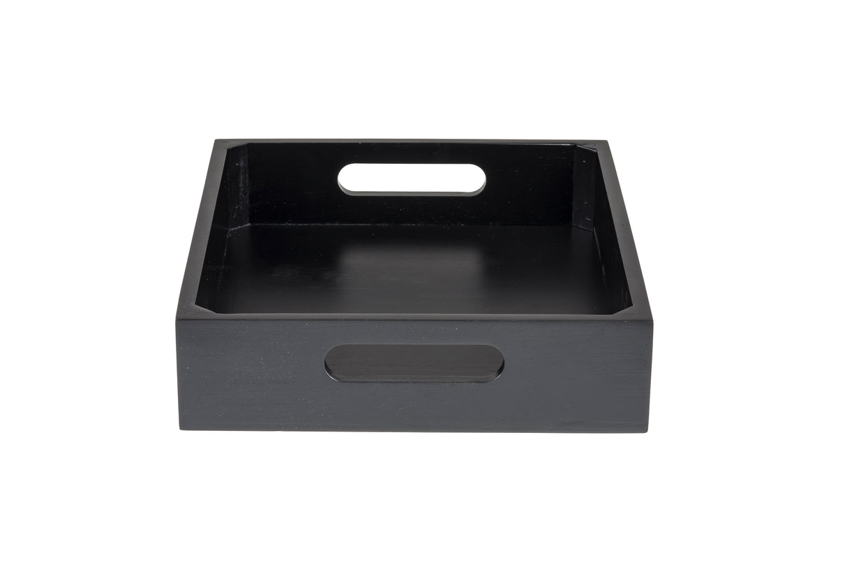 A rectangular black wood serving crate with short sides and two oval cutout handles, photographed against a white background. The tray is empty and positioned so the front handle is centered and clearly visible. Ideal as a Half Size Display Crate.