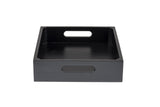 A rectangular black wood serving crate with short sides and two oval cutout handles, photographed against a white background. The tray is empty and positioned so the front handle is centered and clearly visible. Ideal as a Half Size Display Crate.