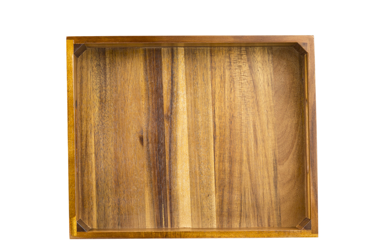 A square Acacia Wood Crate tray with raised edges, showcasing a natural wood grain pattern in shades of brown. The corners are reinforced, and the tray is empty, photographed from directly above on a white background.