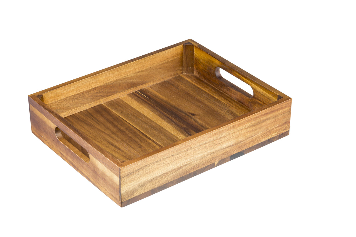 A rectangular Acacia Wood Crate serving tray with raised edges and built-in side handles, shown empty on a white background. The wood has a natural finish with visible grain patterns.