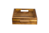 A rectangular Acacia Wood Crate with a natural finish, featuring raised sides and cutout handles on two opposite ends. This empty Half Size Display Crate is photographed against a plain white background.