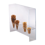 The Dispense-Rite acrylic ice cream cone holder displays three waffle cones and three small sugar cones in two horizontal rows with circular cutouts, standing upright on a white background.
