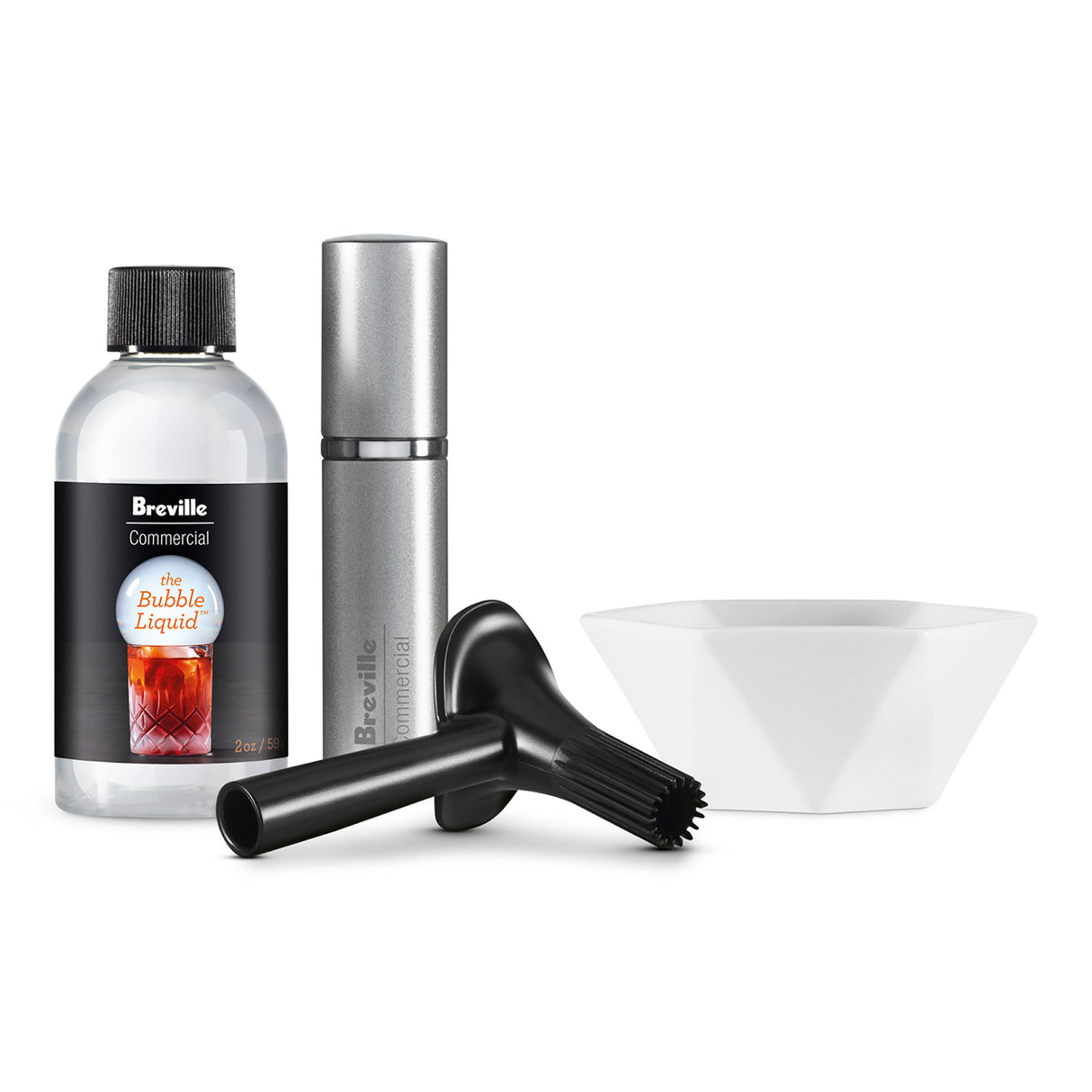 A Breville Commercial Smoking Gun Smoke Bubble Kit featuring a bottle of bubble liquid, silver handheld smoker, black smoking nozzle/stand, and white geometric bowl—an essential smoking gun accessory displayed on a white background.
