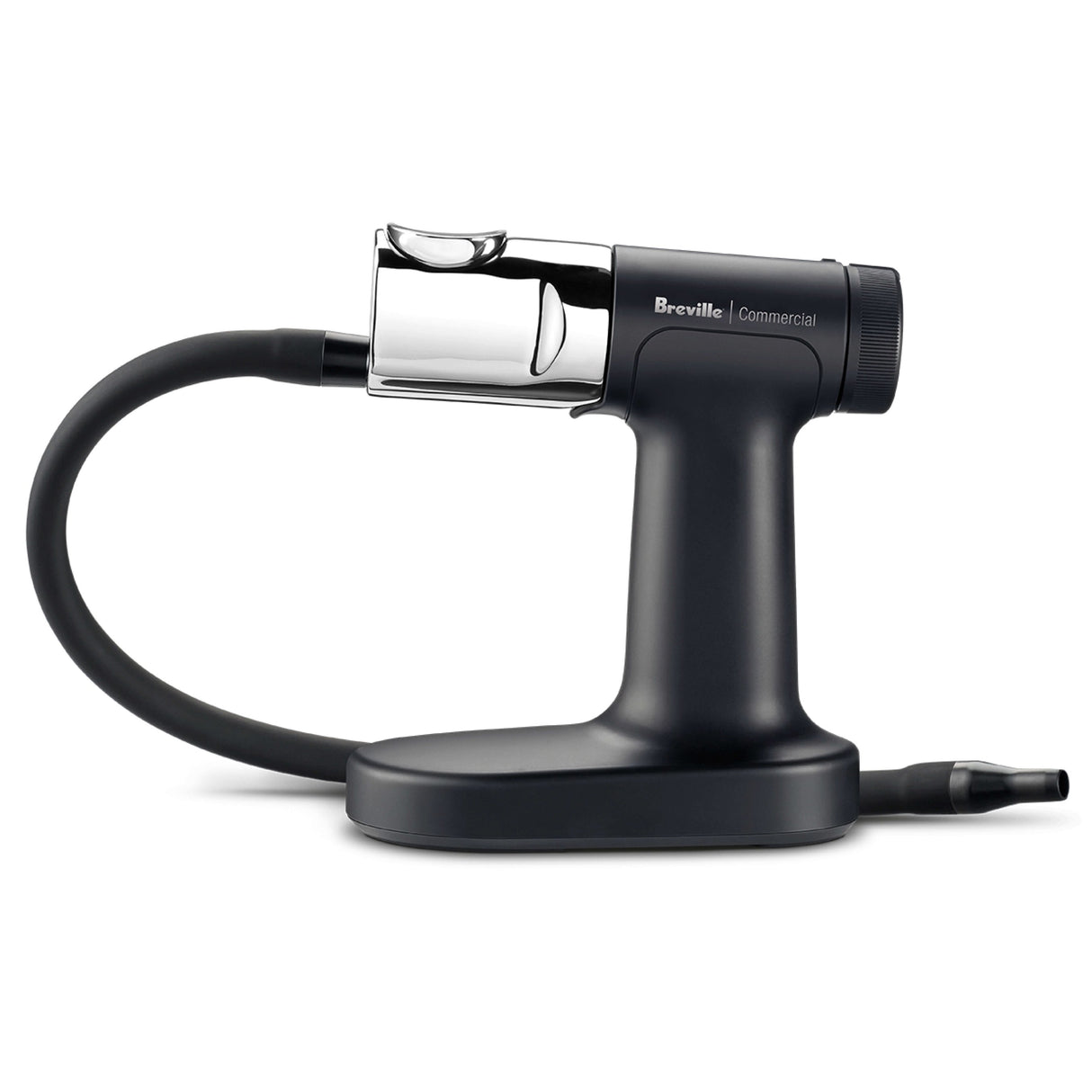 A sleek, black Breville Commercial smoking gun pro with a chrome chamber and flexible black hose rests on a sturdy base. This handheld cold smoke infuser is designed for adding smoky flavors to food and drinks.