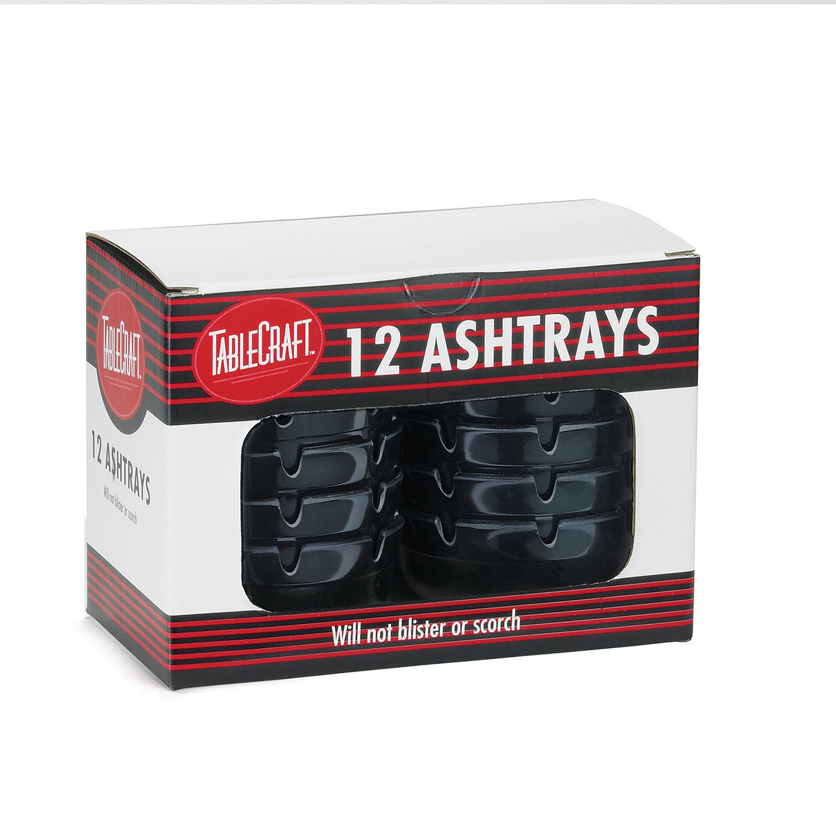 A box of TableCraft black plastic ashtrays, labeled “12 ASHTRAYS.” The white packaging with red and black stripes features an open window showing stacked, dishwasher safe ashtrays. Text at the bottom reads, “Will not blister or scorch.”.