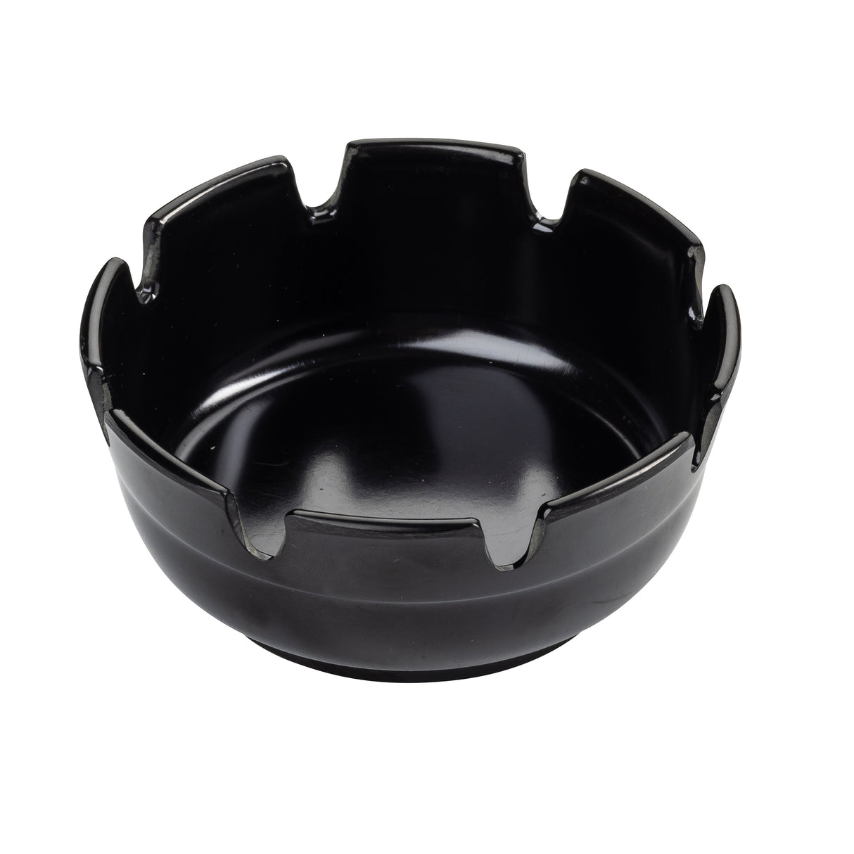 A glossy black plastic ashtray with a smooth surface and six evenly spaced notches along the rim for holding cigarettes. The interior is shiny and reflective, while the exterior is matte and plain. This economy ashtray is empty and set against a white background.