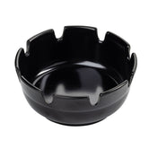 A glossy black plastic ashtray with a smooth surface and six evenly spaced notches along the rim for holding cigarettes. The interior is shiny and reflective, while the exterior is matte and plain. This economy ashtray is empty and set against a white background.