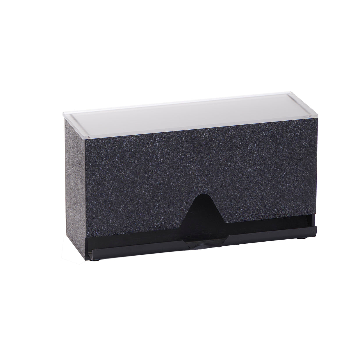 A black rectangular card holder with a textured front and clear top cover resembles a sleek countertop straw dispenser. Its bottom center opening makes accessing cards as convenient as grabbing jumbo length straws from a wrapped straw dispenser.