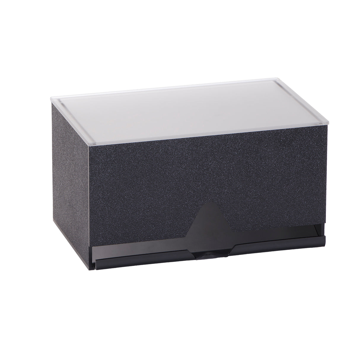 A rectangular black and gray textured countertop straw dispenser with a clear, translucent lid. Featuring a small triangular indentation for easy opening, this simple and functional box offers a 250 straw capacity for efficient storage.