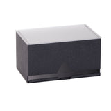 A rectangular black and gray textured countertop straw dispenser with a clear, translucent lid. Featuring a small triangular indentation for easy opening, this simple and functional box offers a 250 straw capacity for efficient storage.