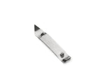 A nickel plated metal utility knife blade with a single sharp edge is shown on a white background. The blade, made by TableCraft Products, is silver, rectangular, and features two notches for secure attachment to a knife handle.