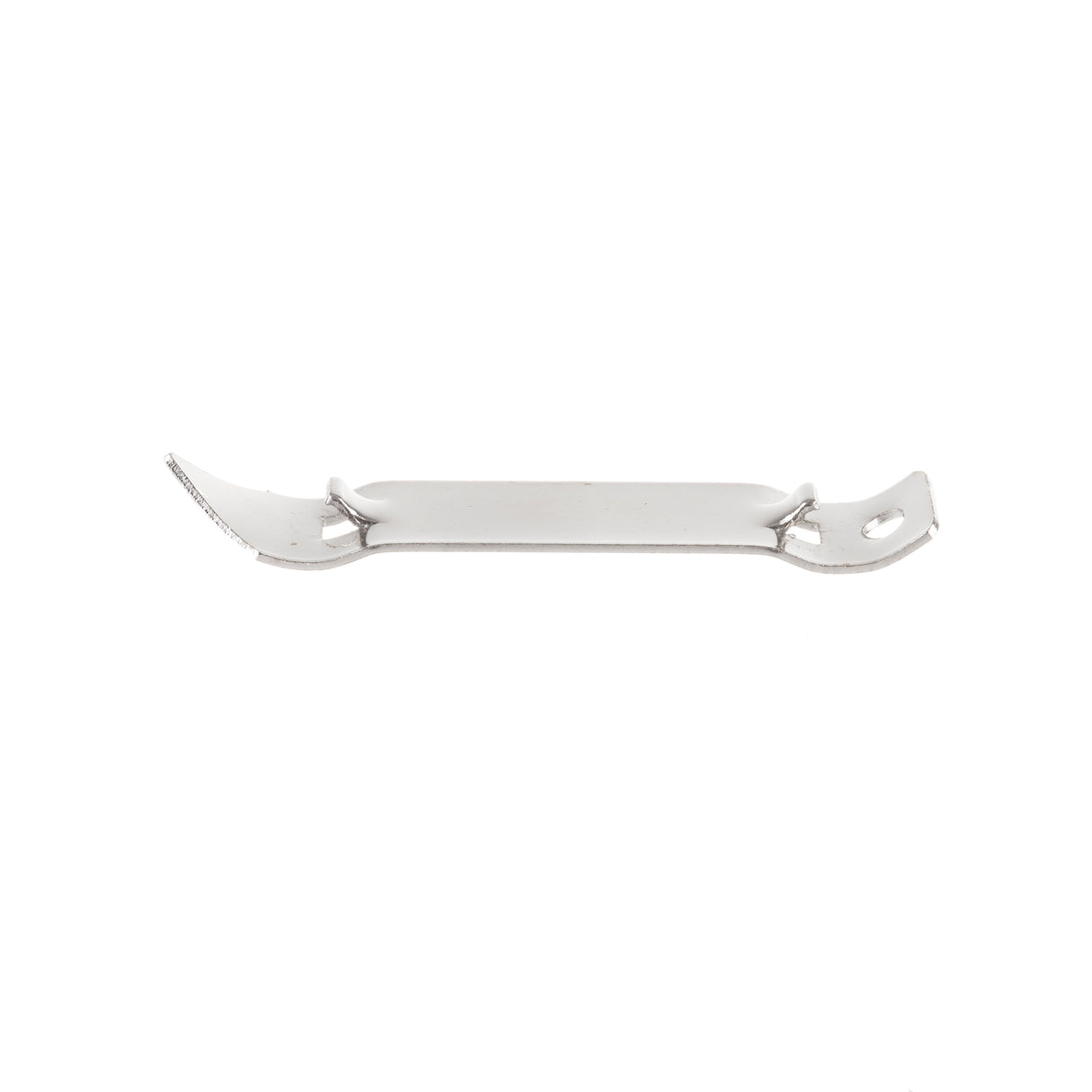 A small, flat nickel plated metal can tapper with a curved, pointed end on one side and a flat, slightly bent end with a hole on the other. The tool is silver in color and isolated on a white background.