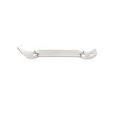 A small, flat nickel plated metal can tapper with a curved, pointed end on one side and a flat, slightly bent end with a hole on the other. The tool is silver in color and isolated on a white background.