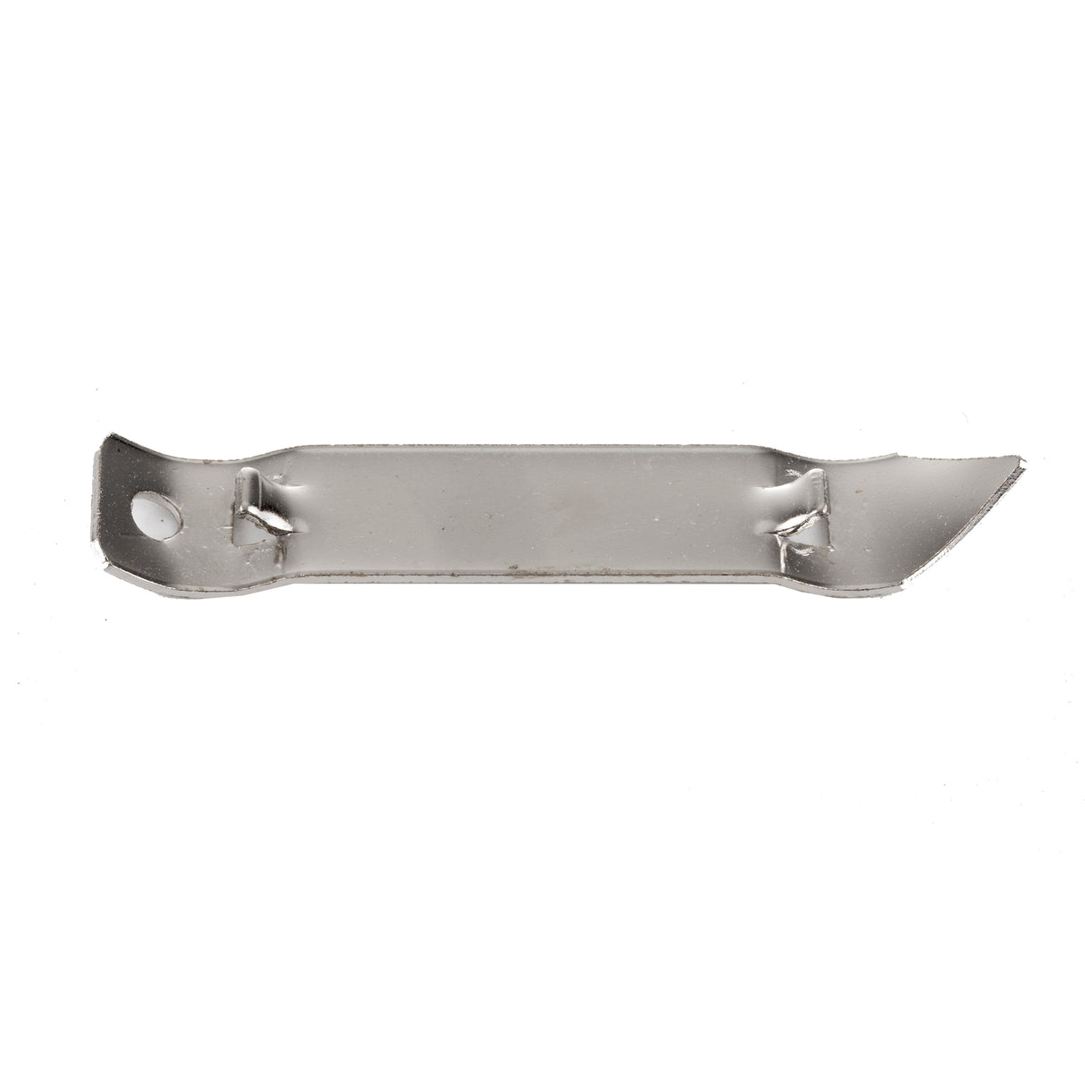 A flat, silver metal can tapper tool with a straight body. One end has a pointed curved edge, and the other end is rounded with a hole near the corner. This nickel plated TableCraft Products tool features small bent sides and is photographed on a white background.