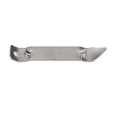 A flat, silver metal can tapper tool with a straight body. One end has a pointed curved edge, and the other end is rounded with a hole near the corner. This nickel plated TableCraft Products tool features small bent sides and is photographed on a white background.