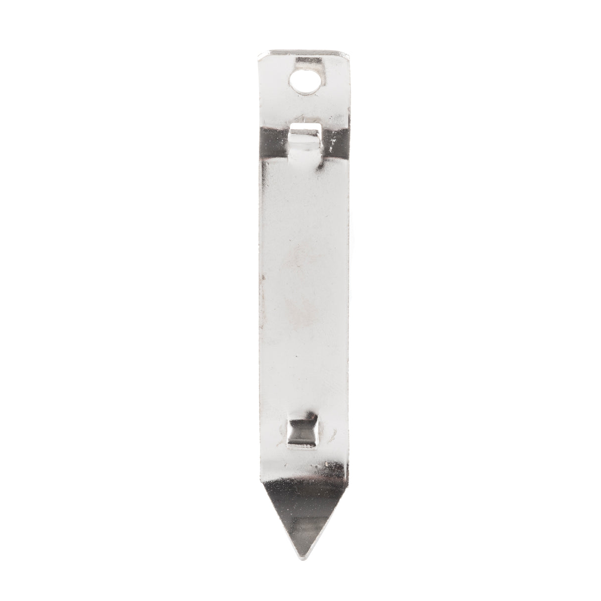 A shiny metal can tapper from TableCraft Products, nickel plated with a flat, rectangular shape, a pointed end, beveled edge, and a hole at the rounded top for hanging. Two small notches appear near the center and bottom. Photographed on a white background.