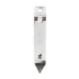 A shiny metal can tapper from TableCraft Products, nickel plated with a flat, rectangular shape, a pointed end, beveled edge, and a hole at the rounded top for hanging. Two small notches appear near the center and bottom. Photographed on a white background.