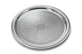 A 13 inch chrome plated serving tray with an ornate braided border. The flat surface features intricate, engraved floral and scrollwork patterns, giving it an elegant, decorative appearance and a shiny, reflective finish.
