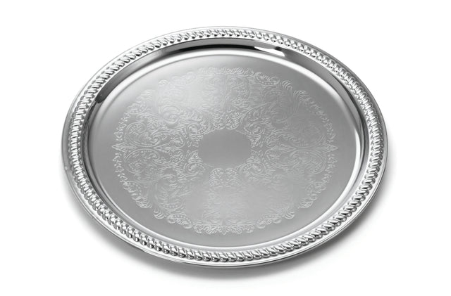 A 13 inch chrome plated serving tray with an ornate braided border. The flat surface features intricate, engraved floral and scrollwork patterns, giving it an elegant, decorative appearance and a shiny, reflective finish.