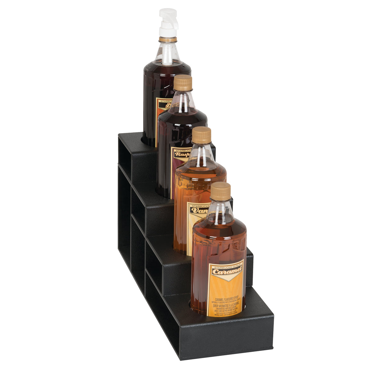 Four liquor bottles with brown liquid sit on a black, polystyrene bottle organizer. The four-tiered countertop organizer features cubby holes beneath each tier, while the bottlenecks extend gracefully above the top.