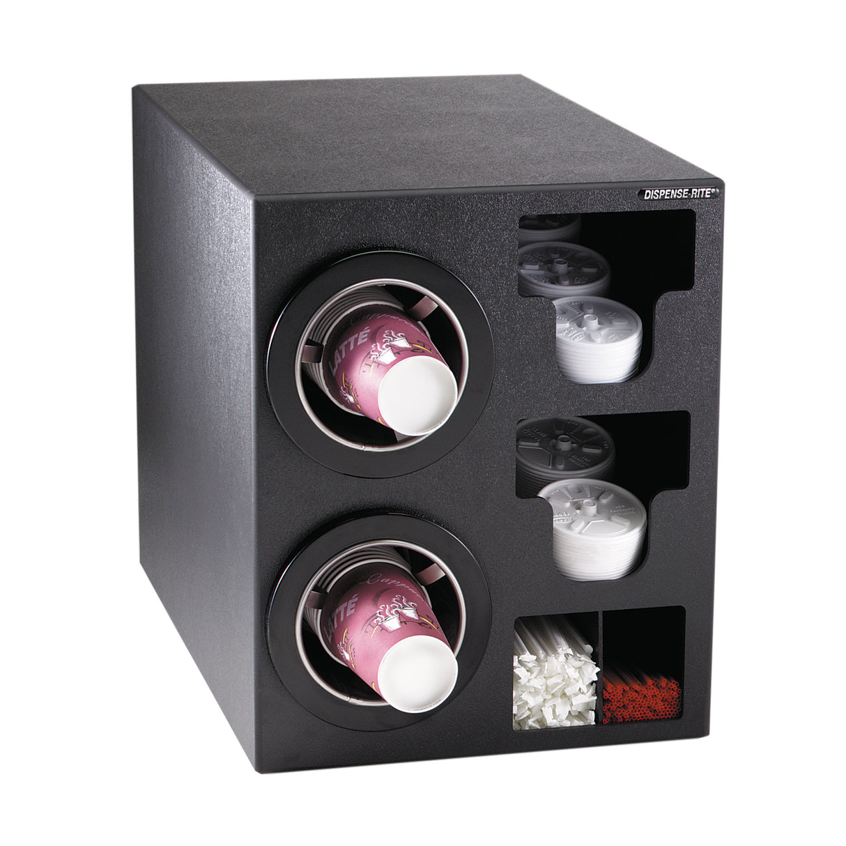 A black countertop cup dispensing cabinet holds two stacks of pink disposable cups with NSF cup dispensers, white plastic lids, a compartment of stirrers, and a section for red straws—all neatly organized within the rectangular unit.