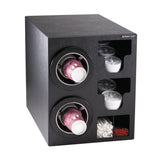 A black countertop cup dispensing cabinet holds two stacks of pink disposable cups with NSF cup dispensers, white plastic lids, a compartment of stirrers, and a section for red straws—all neatly organized within the rectangular unit.