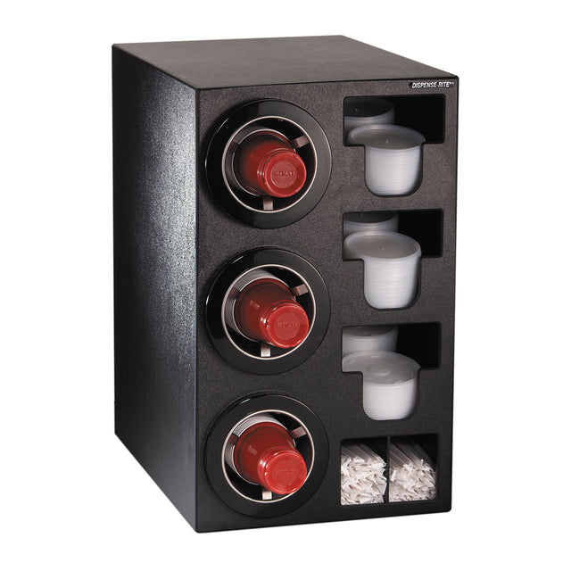A black countertop organizer, designed as a cup dispensing cabinet, holds stacks of red disposable lids, clear plastic cups, and white stirrers—neatly arranged for convenient access in any beverage station setting.