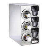 This NSF cup dispenser features a stainless steel cabinet that holds three stacked paper cup sleeves on the left, while clear plastic cups and white lids are organized vertically on the right for a clean, organized display.