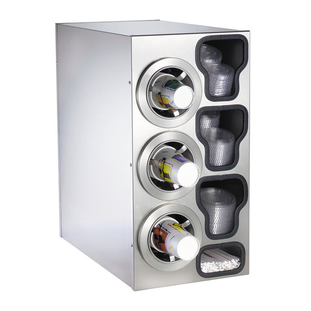 This NSF cup dispenser features a stainless steel cabinet that holds three stacked paper cup sleeves on the left, while clear plastic cups and white lids are organized vertically on the right for a clean, organized display.