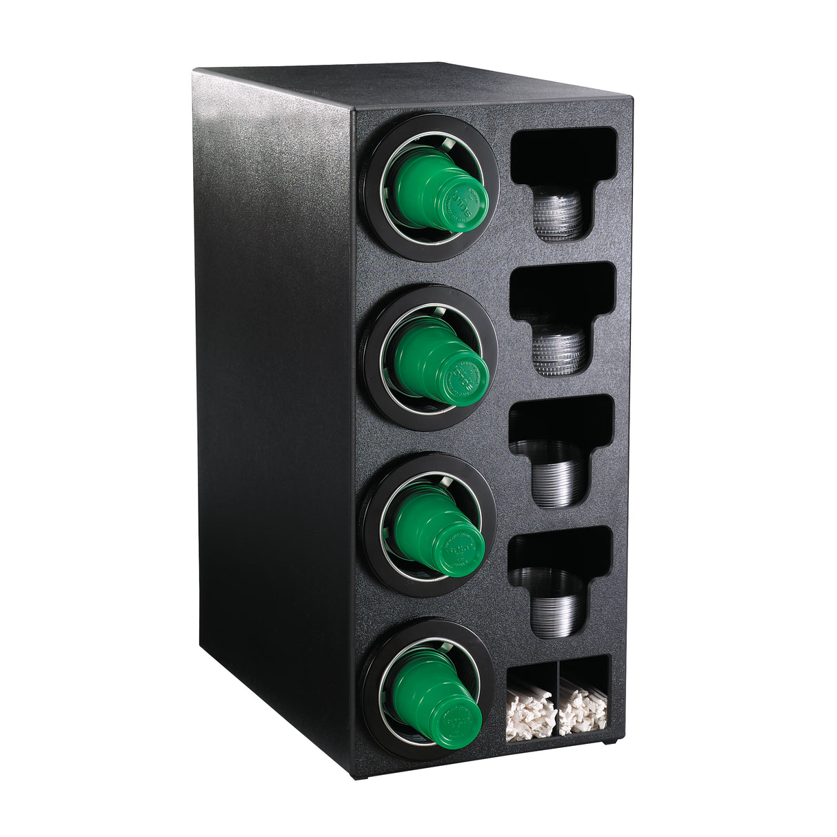 A black plastic NSF cup dispenser holds four green coffee cup lids, several stacks of small disposable cups, and a compartment with white stir sticks, organized vertically and horizontally. The unit is placed against a white background.