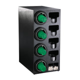 A black plastic NSF cup dispenser holds four green coffee cup lids, several stacks of small disposable cups, and a compartment with white stir sticks, organized vertically and horizontally. The unit is placed against a white background.