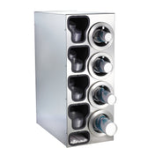 A stainless steel cup dispensing cabinet holds five stacks of plastic cups on the left and four NSF cup dispensers on the right, each filled with paper cups with blue designs, all horizontally oriented and ready for dispensing.