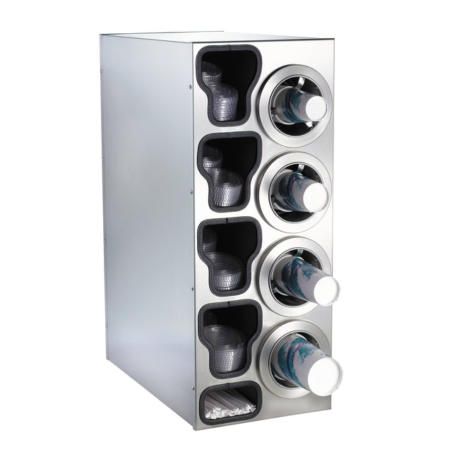 A stainless steel cup dispensing cabinet holds five stacks of plastic cups on the left and four NSF cup dispensers on the right, each filled with paper cups with blue designs, all horizontally oriented and ready for dispensing.
