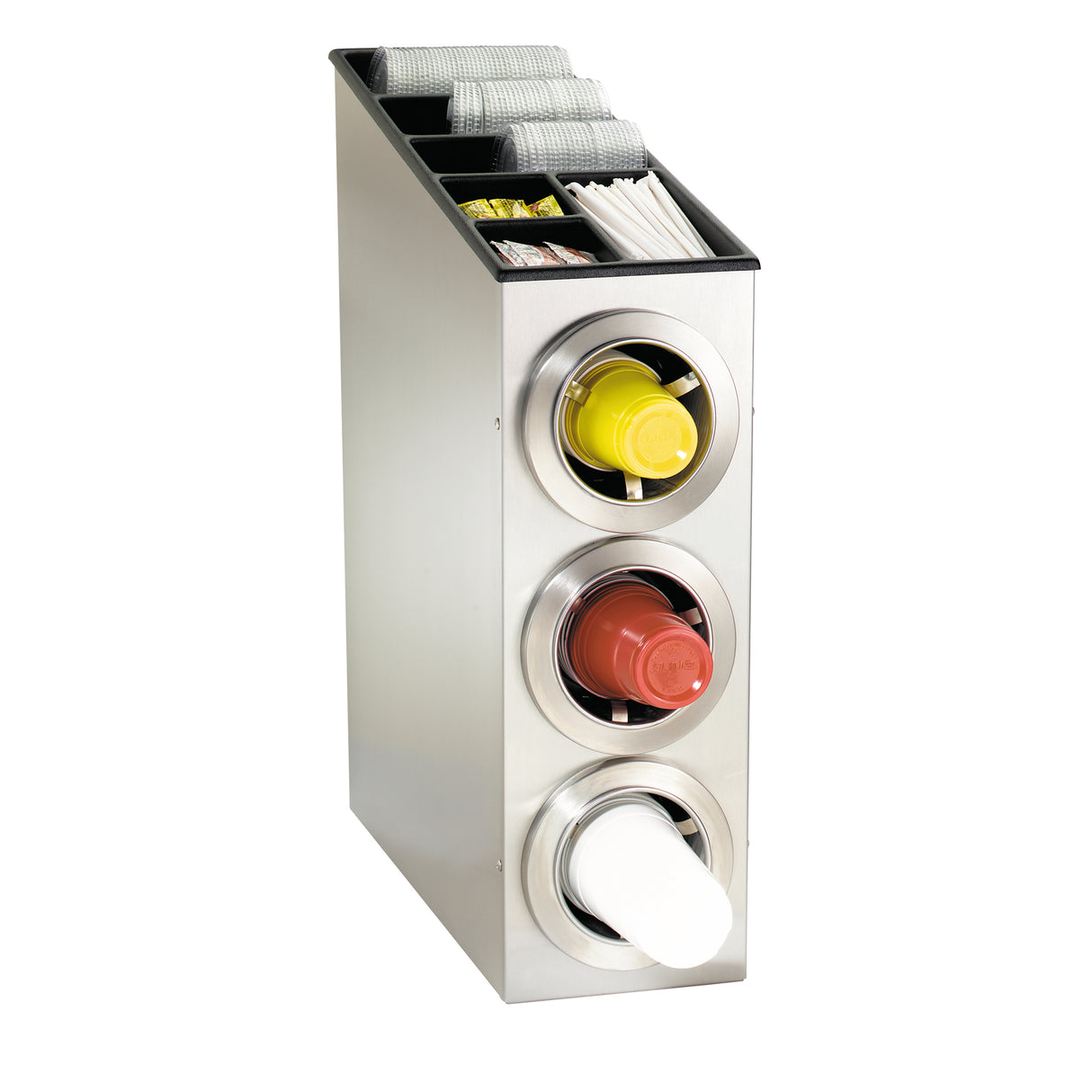 A stainless steel condiment organizer with three circular front openings for squeeze bottles and a top section for napkins, straws, and packets. This sleek countertop unit pairs perfectly with NSF cup dispensers for an organized service area.