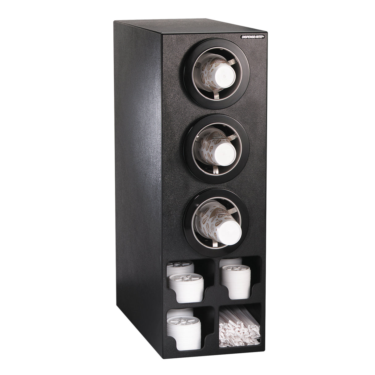 A rectangular, smooth-finish Cup Dispensing Cabinet holds three stacks of clear plastic cups with white rims in adjustable cup dispenser compartments above and six cubbyholes below for lids, straws, and more disposables. NSF cup dispensers ensure hygiene and convenience.