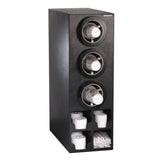 A rectangular, smooth-finish Cup Dispensing Cabinet holds three stacks of clear plastic cups with white rims in adjustable cup dispenser compartments above and six cubbyholes below for lids, straws, and more disposables. NSF cup dispensers ensure hygiene and convenience.