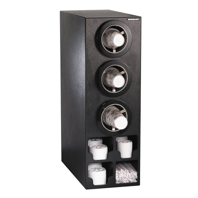 A rectangular, smooth-finish Cup Dispensing Cabinet holds three stacks of clear plastic cups with white rims in adjustable cup dispenser compartments above and six cubbyholes below for lids, straws, and more disposables. NSF cup dispensers ensure hygiene and convenience.