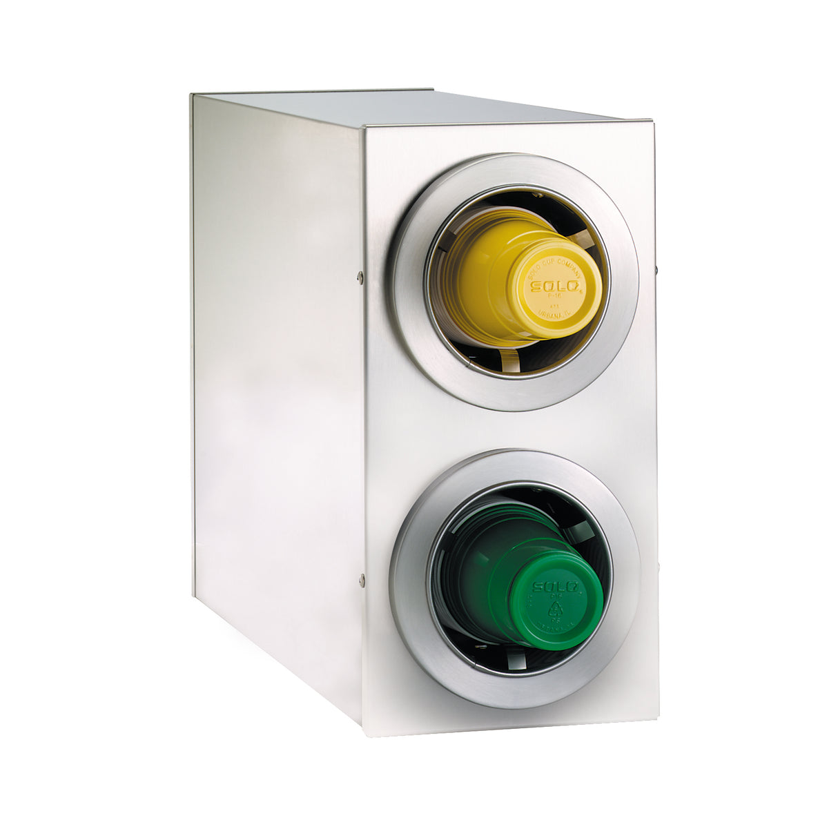 A stainless steel cup dispenser holds two solo cups—yellow in the top slot, green in the bottom. This rectangular cup dispensing cabinet is designed for countertop use, featuring a minimalist, industrial aesthetic.