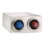 A rectangular stainless steel cup dispensing cabinet holds two stacked NSF cup dispensers, one with a blue rim and one with a red rim, each loaded with matching plastic SOLO cups—blue on the left and red on the right.