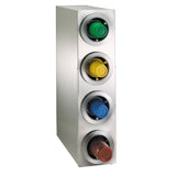 A stainless steel cup dispenser holds four colored cup lids stacked vertically: green at the top, followed by yellow, blue, and brown. Each lid is partially visible and fits snugly in the circular opening of this sleek cup dispensing cabinet.