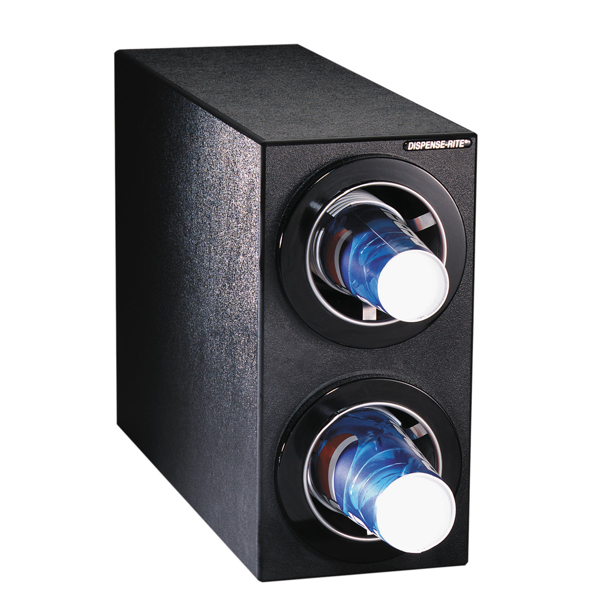 A black rectangular NSF cup dispenser holds two horizontal stacks of blue and white disposable cups, each enclosed behind a round opening for easy dispensing. The word “Dispense-Rite” is labeled on the top right corner of the unit.