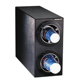 A black rectangular NSF cup dispenser holds two horizontal stacks of blue and white disposable cups, each enclosed behind a round opening for easy dispensing. The word “Dispense-Rite” is labeled on the top right corner of the unit.