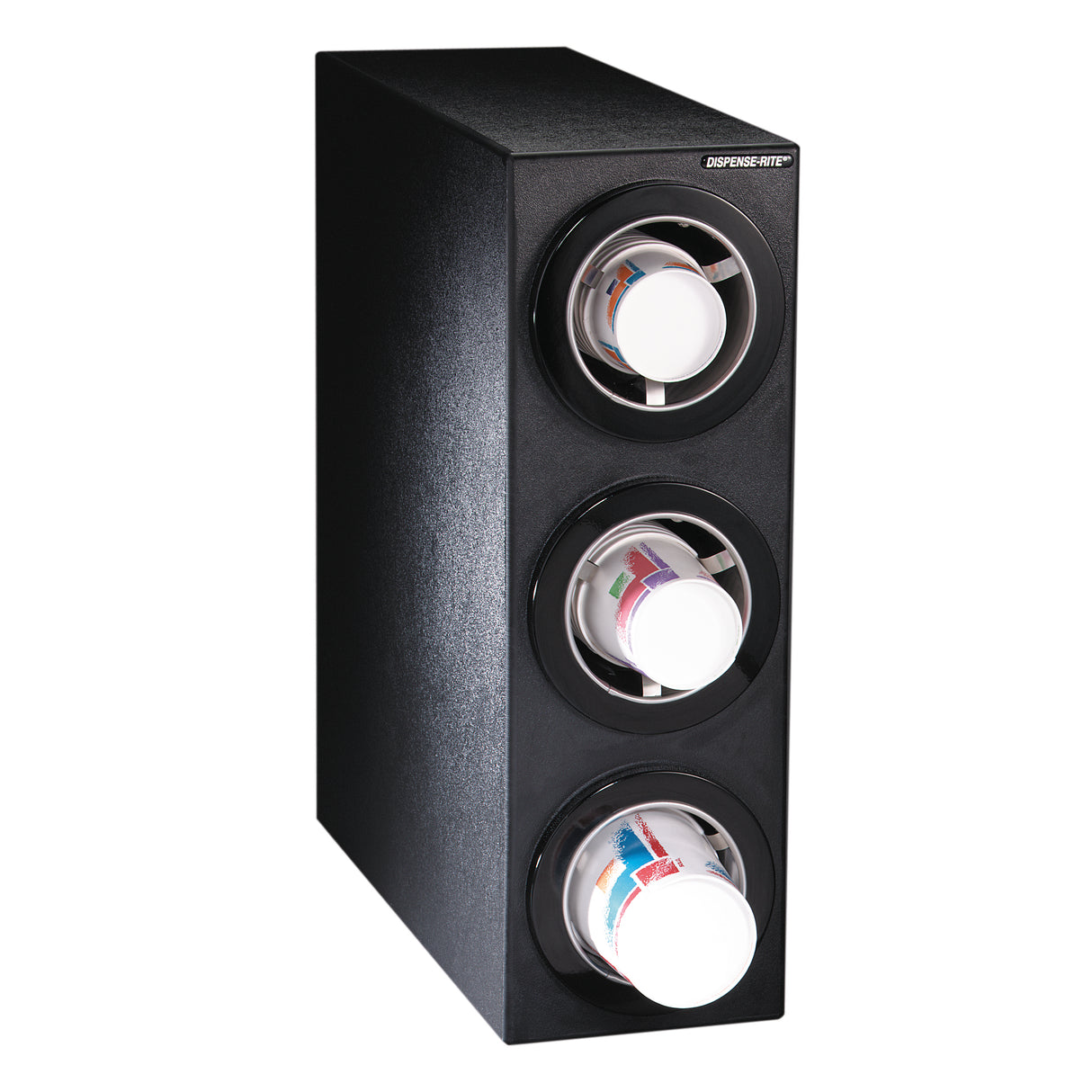 A black, rectangular NSF cup dispenser holds three stacked paper cup sleeves horizontally. Each sleeve displays white disposable cups with colorful designs, and the dispenser is labeled “CUPSAVER” in white text on the upper right front corner. The background is white.