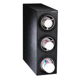 A black, rectangular NSF cup dispenser holds three stacked paper cup sleeves horizontally. Each sleeve displays white disposable cups with colorful designs, and the dispenser is labeled “CUPSAVER” in white text on the upper right front corner. The background is white.