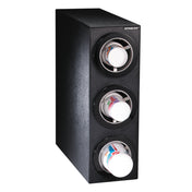 A black, rectangular NSF cup dispenser holds three stacked paper cup sleeves horizontally. Each sleeve displays white disposable cups with colorful designs, and the dispenser is labeled “CUPSAVER” in white text on the upper right front corner. The background is white.